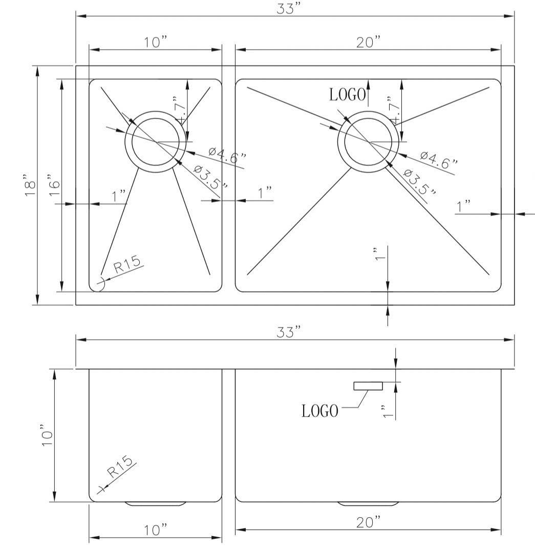 American Imaginations AI-27511/ AI-27512 33-in. W CSA Approved Chrome Kitchen Sink With Stainless Steel Finish And 18 Gauge