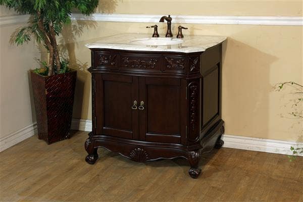 Bellaterra 202016A 34.6 In. Single Sink Vanity-Wood-Walnut-Carrara White Marble - 34.6x23.6x36"