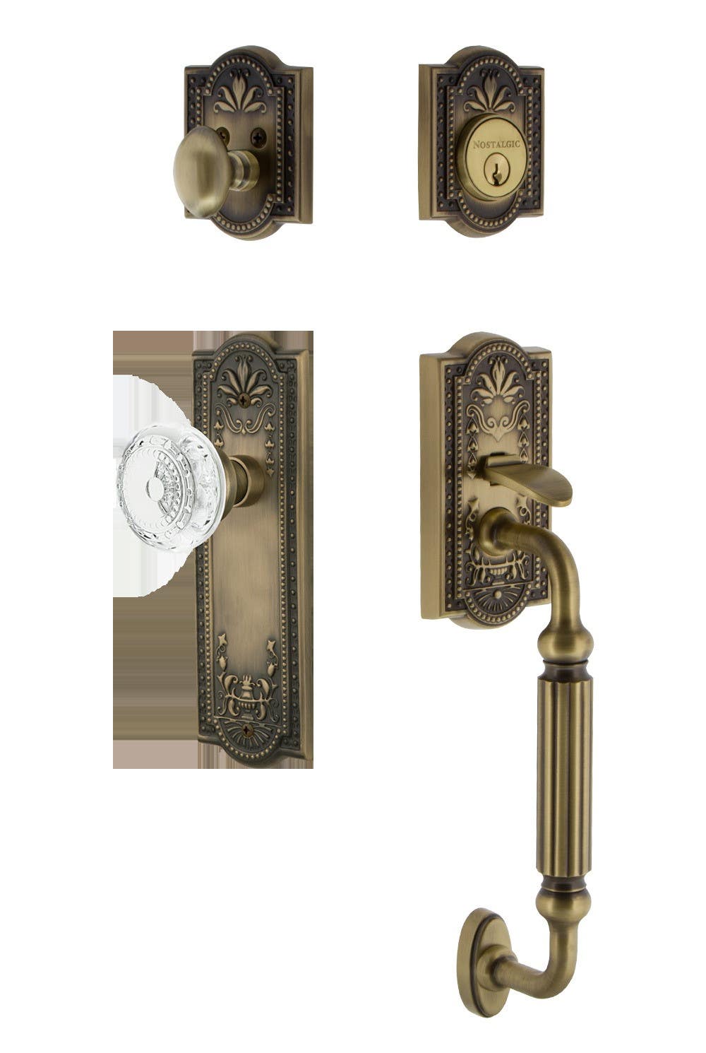 Nostalgic Warehouse MEACME_F Grip Meadows Plate F Grip Entry Set w/ Crystal Meadows Knob