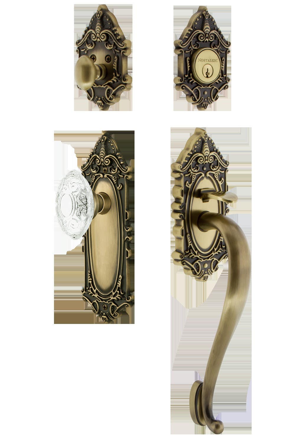 Nostalgic Warehouse VICCVI_S Grip Victorian Plate S Grip Entry Set w/ Crystal Victorian Knob
