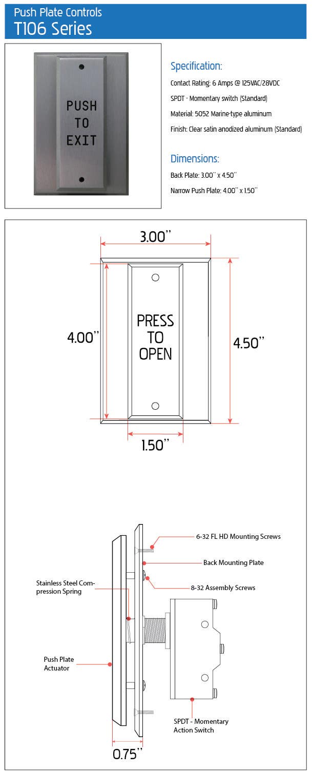 Deltrex T106 Series Push Plate Switch, Push to Open Door w/ HCP Logo