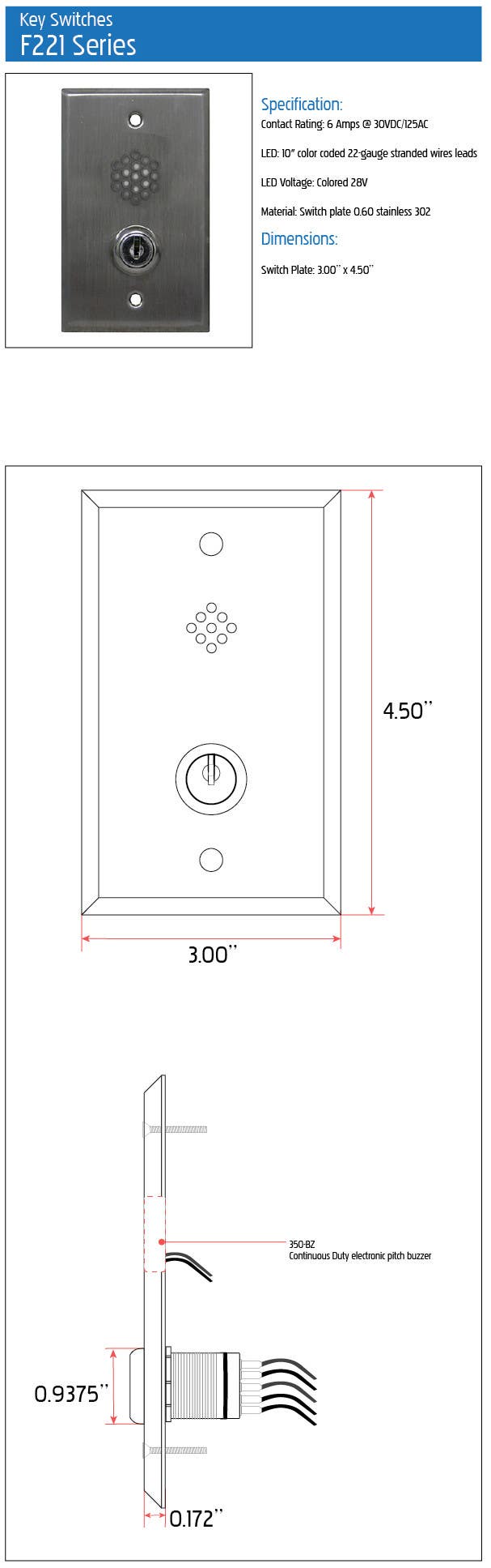 Deltrex F221 Series Bell Cylinder Door Violation Alarm Key Switch Mounted On A 1-Gang Plate