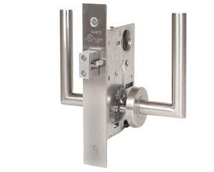 Trimco 1074-2E Barn Door Latchset, Mortise Escutcheon, Privacy w/ Cylinder & Thumbturn
