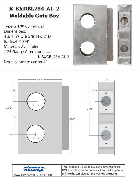 Keedex K-BXDBL234-AL-2 Alum Lock Box Dbl., 2 3/4" B/S, 2 1/8" Holes 4" CtoC • H series