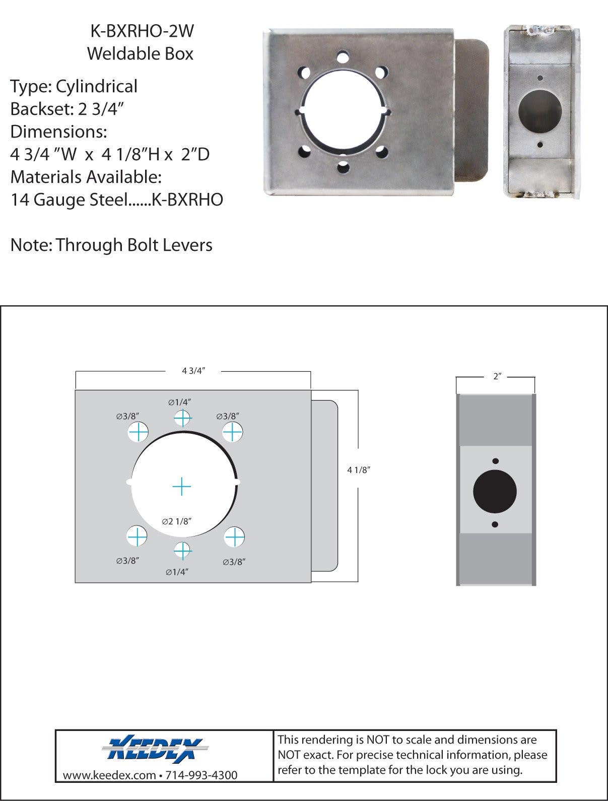 Keedex K-BXRHO-2W 2" Wide Lock Box for Levers 2 3/4" BackSet 14 Gauge Steel