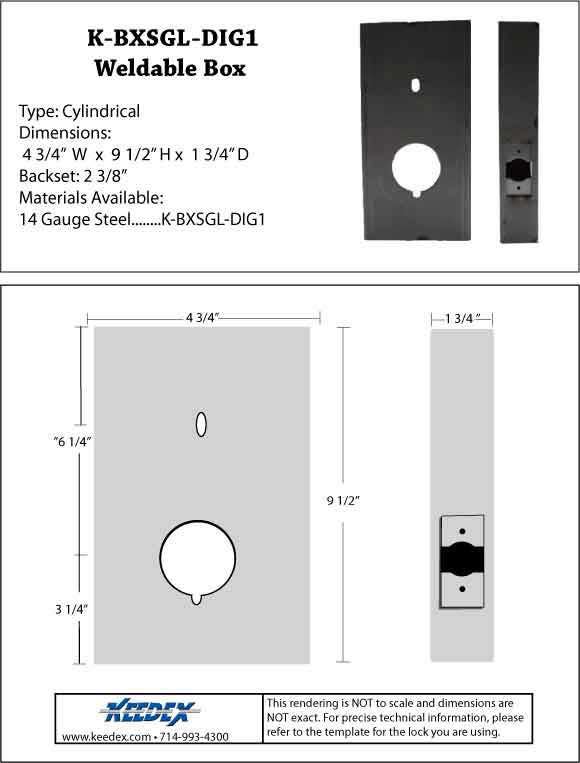 Keedex K-BXSGL-DIG1 Weldable Box for 2 3/8" Backset, 2 1/8" Hole w/Room for Keypads