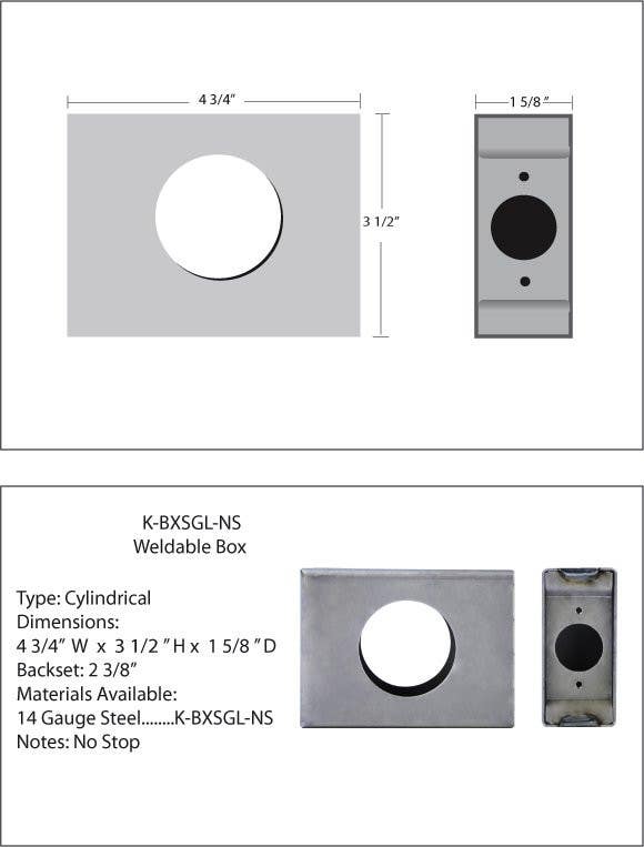 Keedex K-BXSGL-NS Single 2 3/8" B/S, Box - No Stop ( 1 5/8" Wide) w/Weep Hole, 14 Gauge Steel