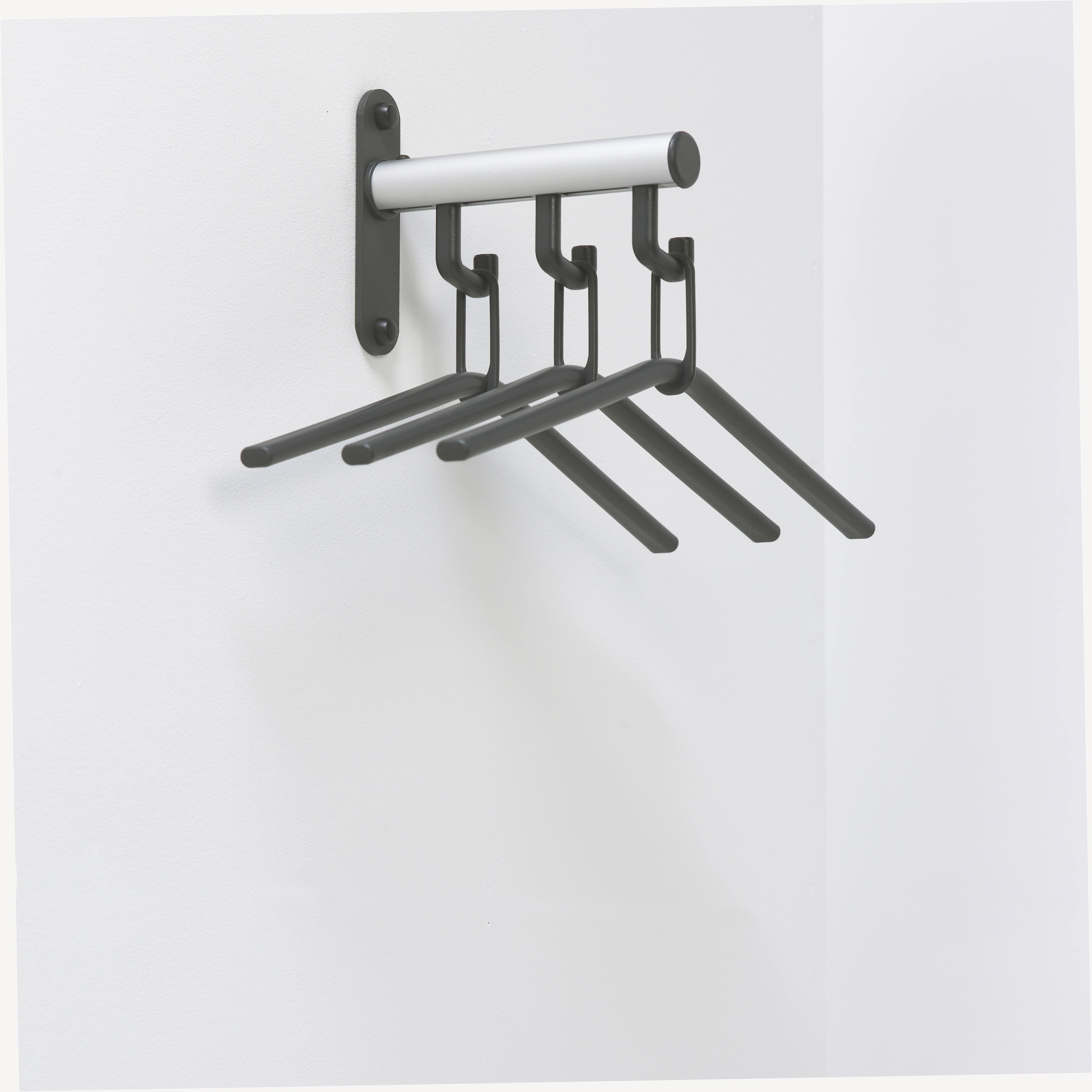 Magnuson T-H22K Tertio Wall Mounted Coat Rack W/ Three Dark Grey Plastic Coat Hangers, Finish-Dark Grey W/ Satin Aluminum