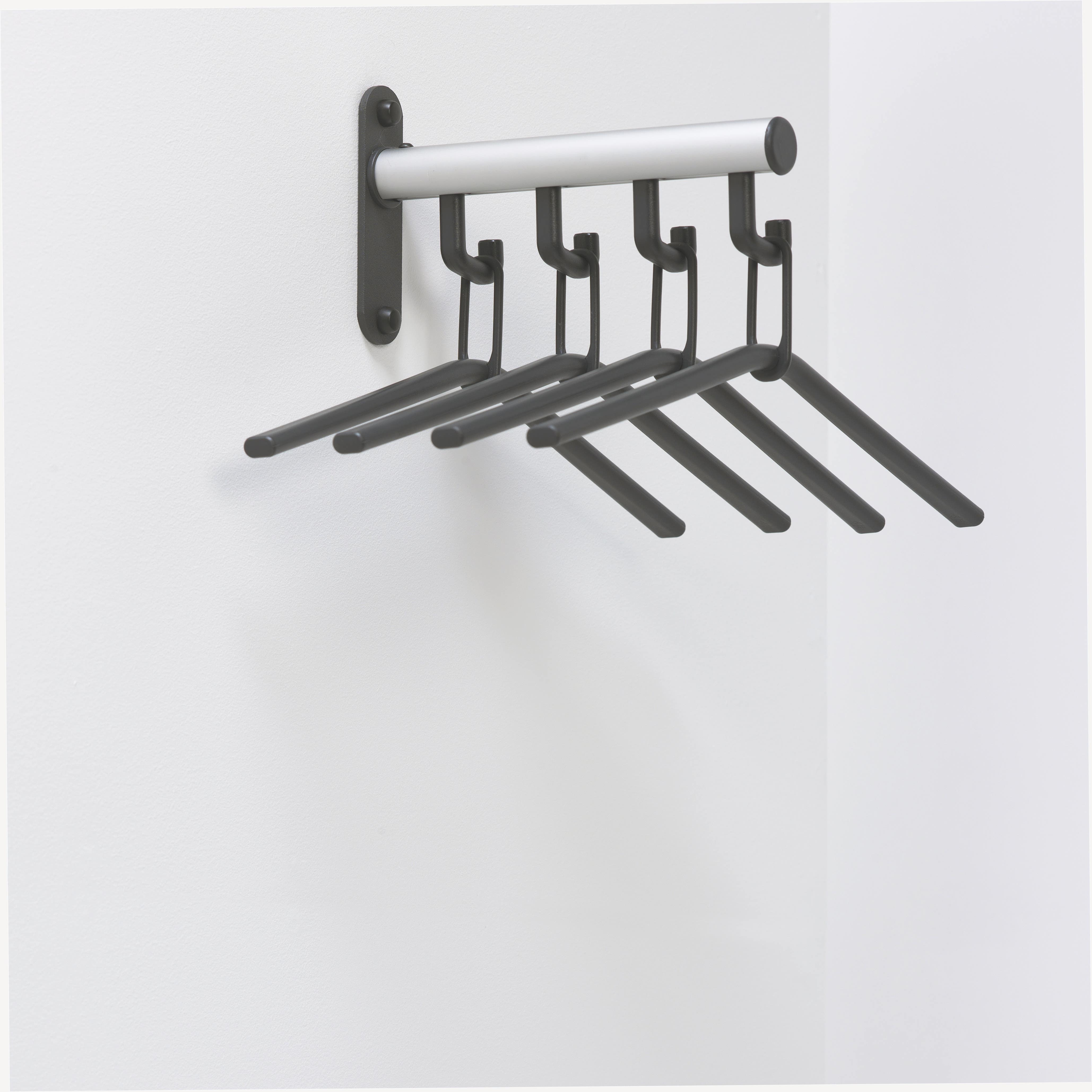 Magnuson T-H28K Tertio Wall Mounted Coat Rack W/ Four Dark Grey Plastic Coat Hangers, Finish-Dark Grey W/ Satin Aluminum