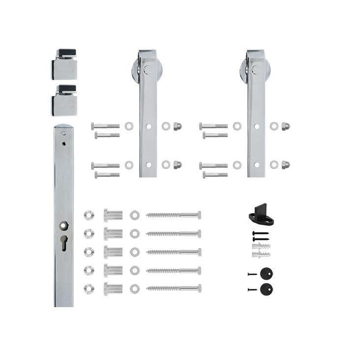 Custom Service Hardware NT.1400.09W.04 78.75" Designer's Collection Flat Rail Hook Strap Rolling Door Hardware Kit, Chrome