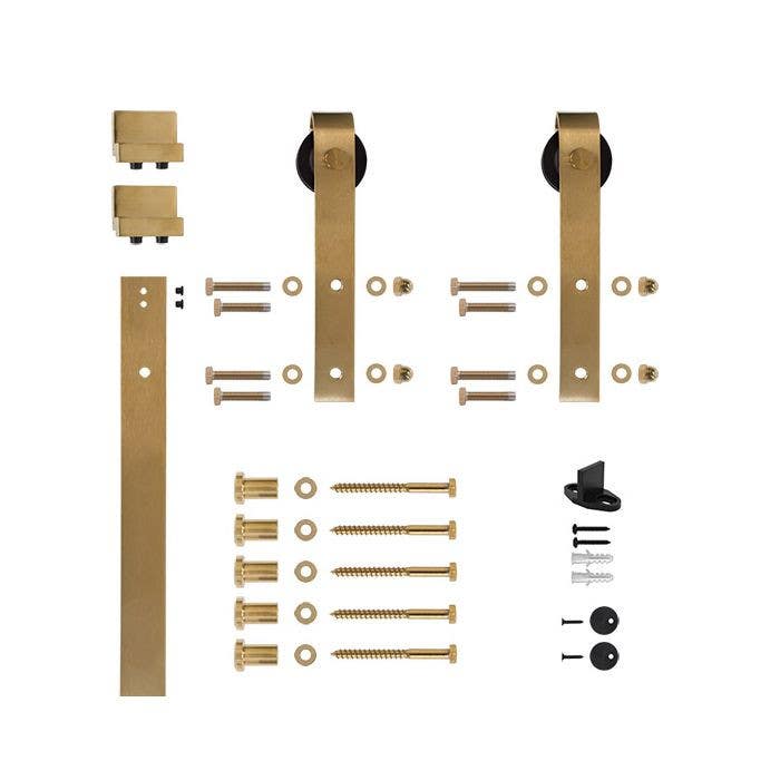 Custom Service Hardware NT.1400.09W.06PVD 78.75" Designer's Collection Flat Rail Hook Strap Rolling Door Hardware Kit, Satin Brass