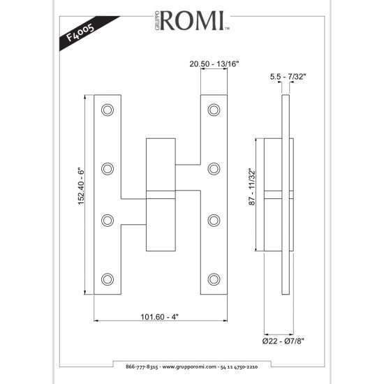 Gruppo Romi F4005 Barrel Hinge, Size - 6" L x 4" W