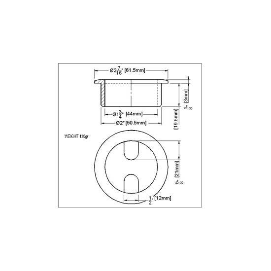 Gruppo Romi GR14 Solid Brass Grommet, Small Opening - Over All 2 3/8" Cap 4