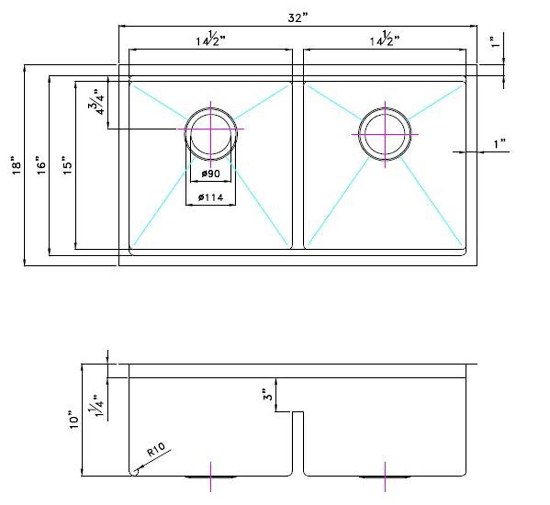 American Imaginations AI-29296 32-in. W CSA Approved Stainless Steel Kitchen Sink With 2 Bowl And 16 Gauge