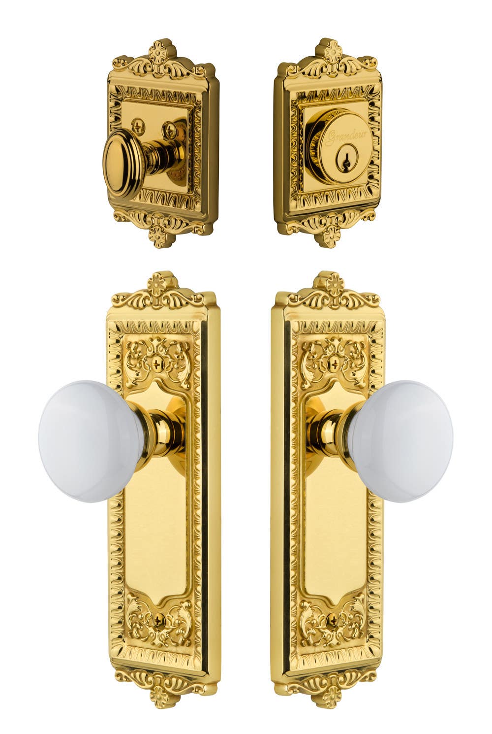 Grandeur Windsor Plate w/ Hyde Park Porcelain Knob & Matching Deadbolt