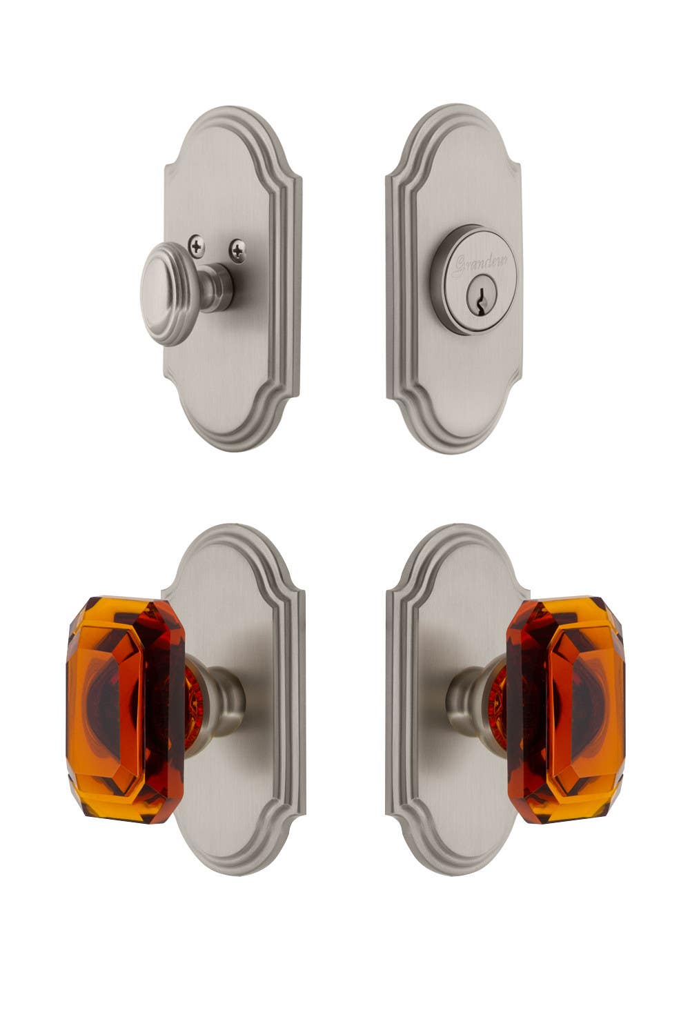 Grandeur Arc Plate w/ Amber Baguette Crystal Knob & Matching Deadbolt