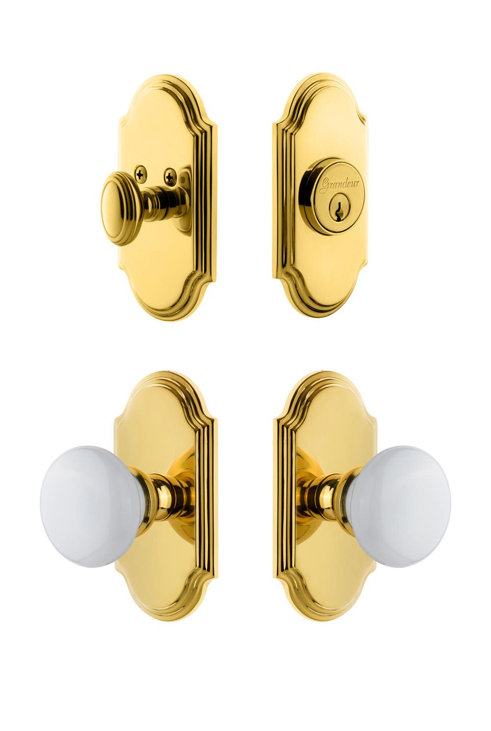 Grandeur Arc Plate w/ Hyde Park Porcelain Knob & Matching Deadbolt