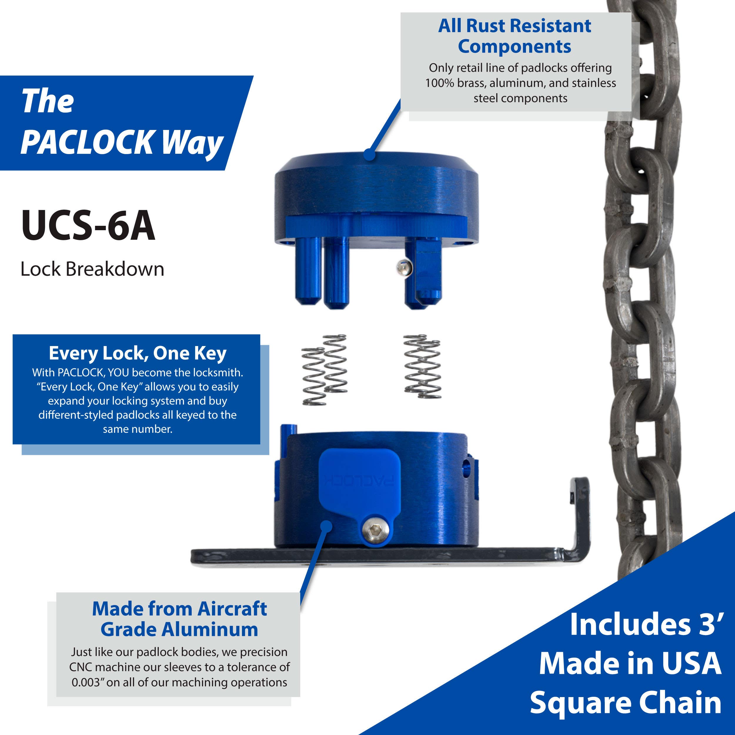 Paclock 6A Puck-Link Aluminum Chain Locking System For 3/8" Chain, Standard Rekeyable Series