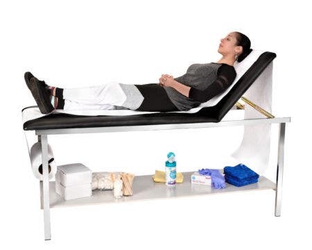 AdirMed 996-02 Black Adjustable Exam Table with Wooden Shelf and Paper Dispenser