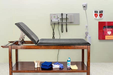 AdirMed 996-03 Mahogany Wooden Exam Table with Full Shelf