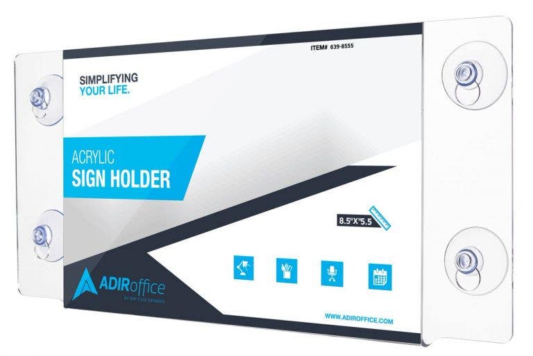 Adiroffice 639-8555-WSH-2 5''x 8'' Acrylic Window Sign Holder with Suction Cups, 2 pack