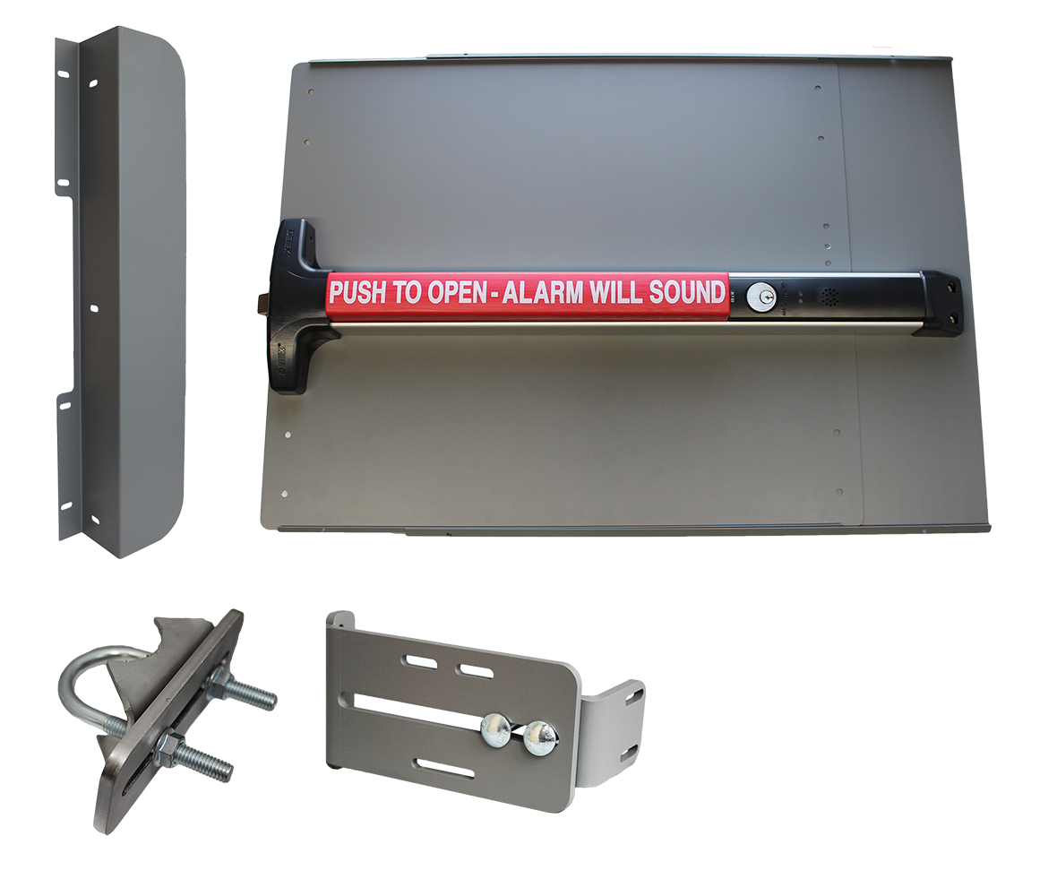 Lockey ED43 Edge Panic Shield Value Kit w/ Detex V-40 Weatherized Alarm Panic Bar, Strike Bracket, Latch Protector, Jamb Stop