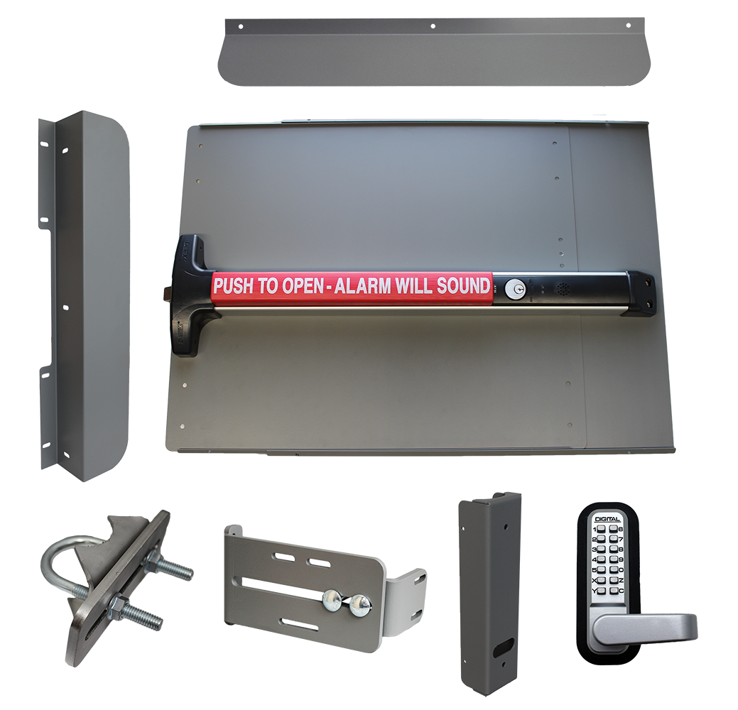 Lockey ED63 Edge Panic Shield Security Kit w/ Detex V-40 Weatherized Alarm Panic Bar, Panic Shield, Strike Bracket, Gate Box