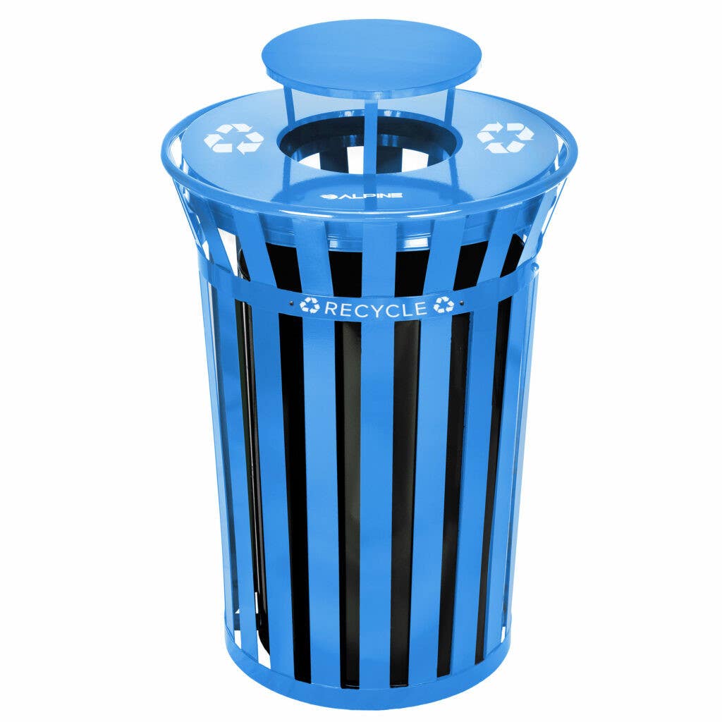 Alpine Industries ALP479-38-1-BLU Outdoor Metal Slatted Recycling Receptacle with Rain Bonnet Lid - 38 Gallon Blue