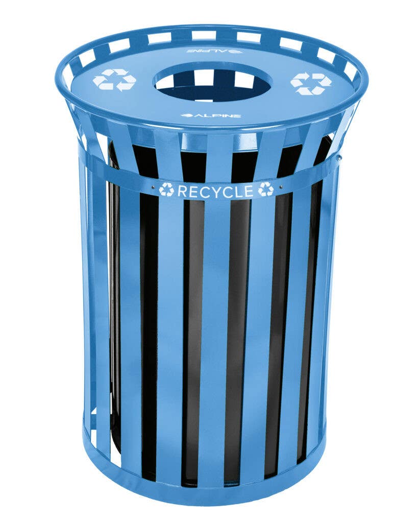 Alpine Industries ALP479-38-BLU Outdoor Metal Recycling Receptacle with Rain Bonnet Lid - 38 Gallon Blue