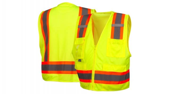 Pyramex RVZ2410CP Type R - Class 2 Hi-Vis Lime Surveyor Vest w/Clear Pocket