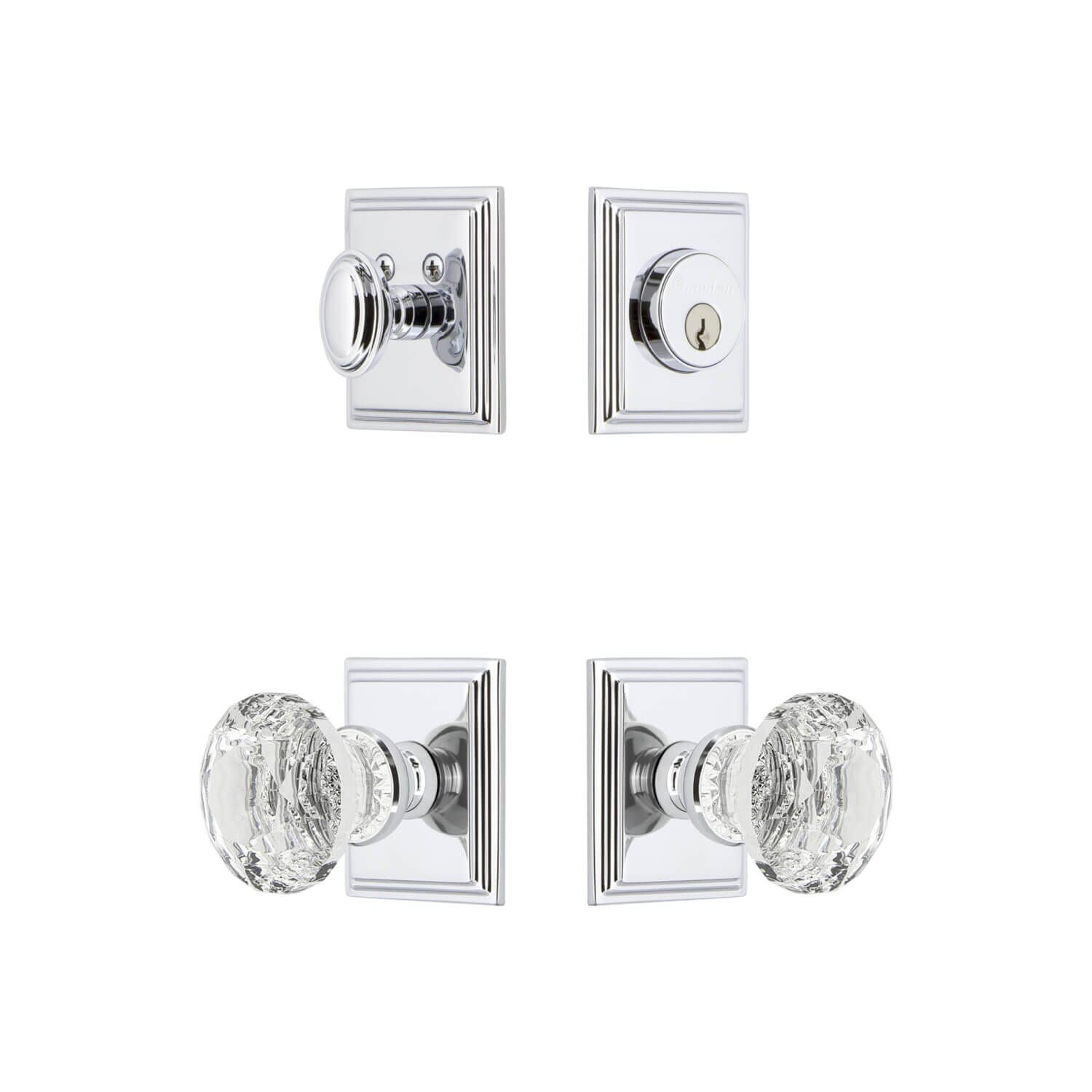 Grandeur Carre Square Rosette Entry Set w/ Brilliant Crystal Knob, Keyed Alike