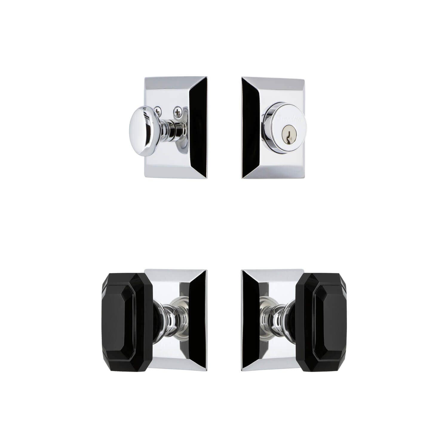 Grandeur Fifth Avenue Square Rosette Entry Set w/ Black Baguette Crystal Knob, Keyed Alike