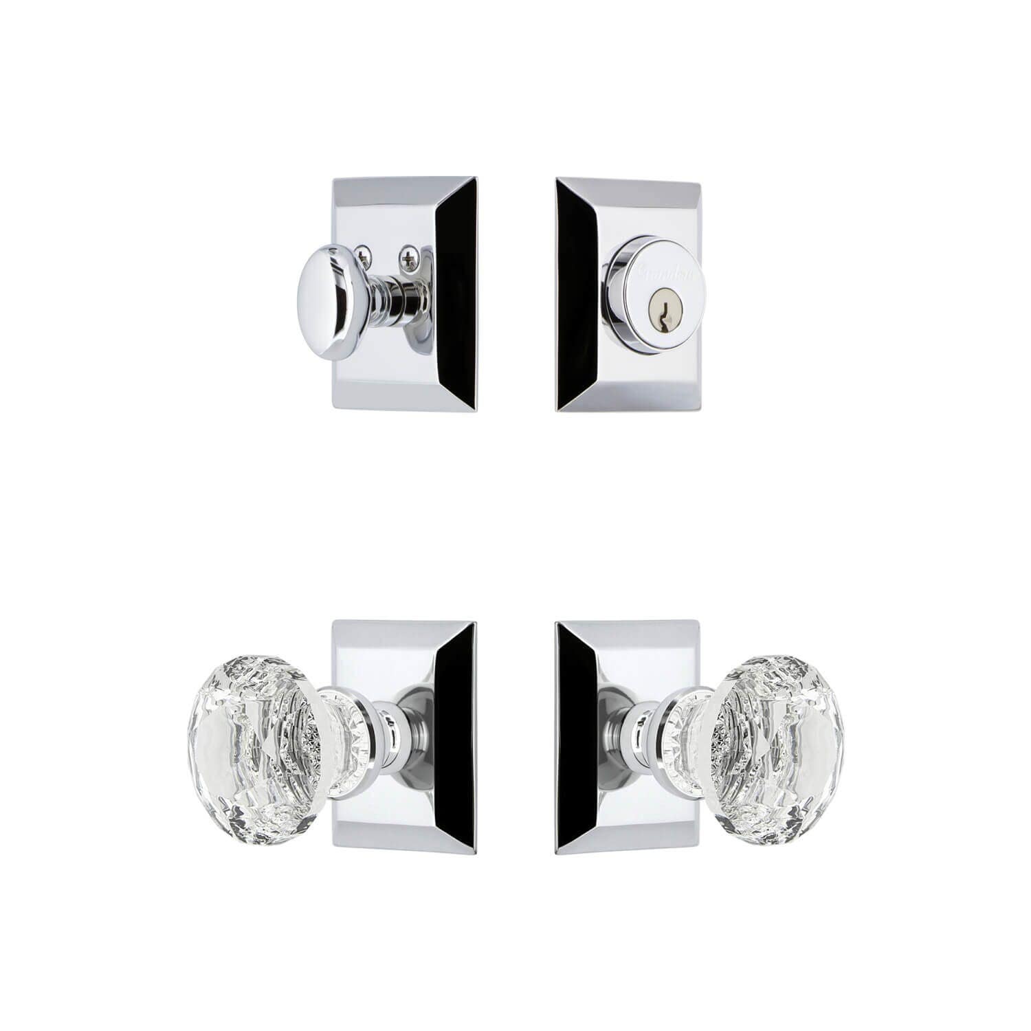 Grandeur Fifth Avenue Square Rosette Entry Set w/ Brilliant Crystal Knob, Keyed Alike