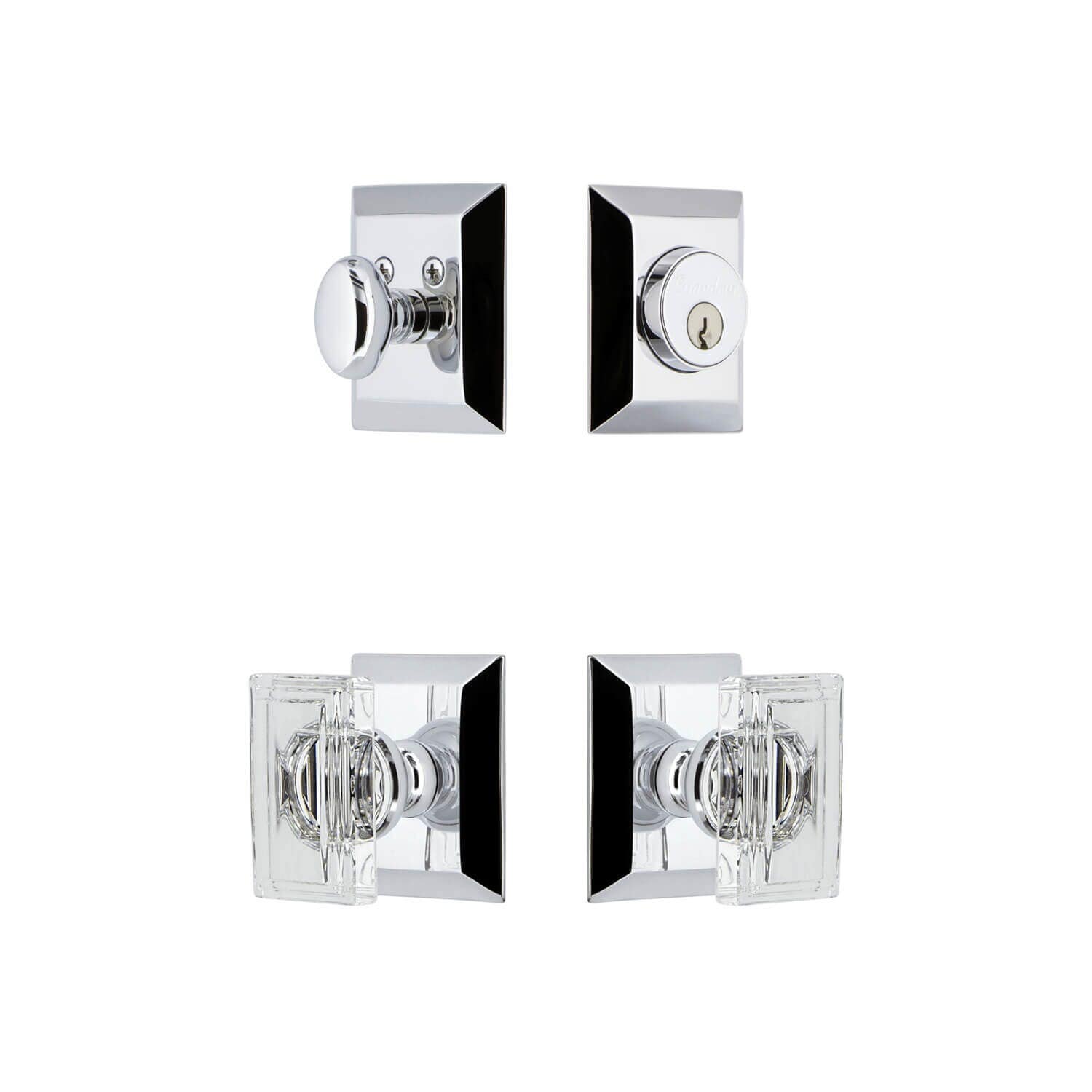 Grandeur Fifth Avenue Square Rosette Entry Set w/ Carre Crystal Knob, Keyed Alike