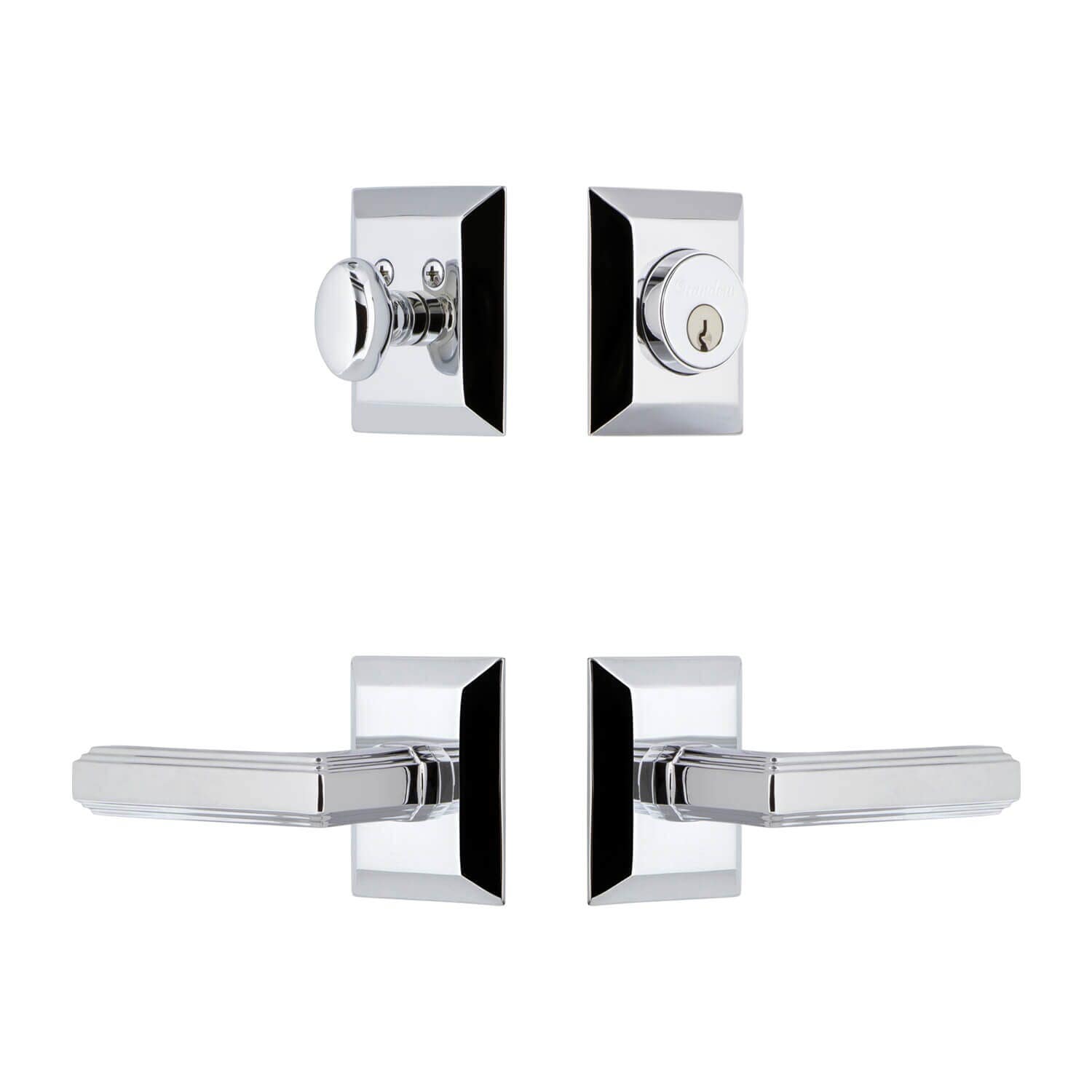 Grandeur Fifth Avenue Square Rosette Entry Set w/ Carre Lever, Keyed Alike