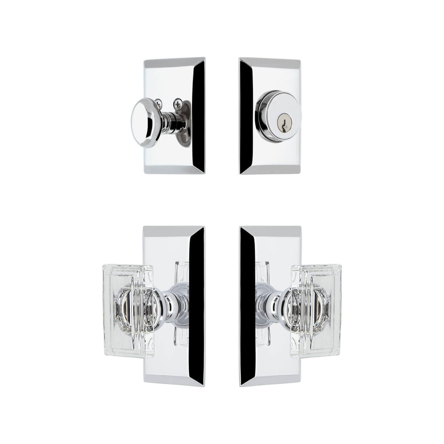 Grandeur Fifth Avenue Short Plate Entry Set w/ Carre Crystal Knob, Keyed Alike