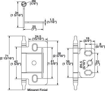 Hafele 351.86. Decorative Butt Hinge, Partial Wrap, Non-Mortise, Minaret Finial