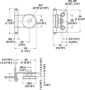 Hafele 361.46. Inset Glass Door Hinge, 180D Opening Angle, for 4-6 mm Doors