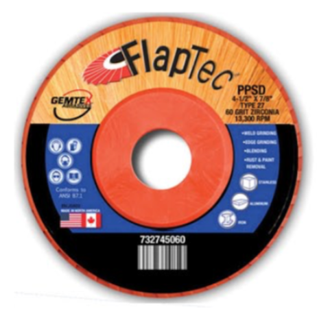 Gemtex Abrasives 7327 Flaptec Premium Zirconia Trimmable Plastic Standard Density Back Flap Disc, Type 27