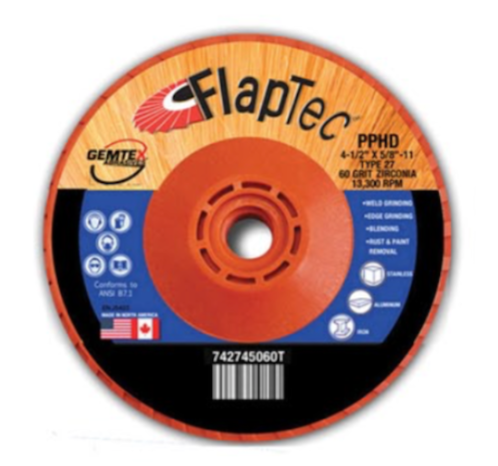 Gemtex Abrasives 7427 Flaptec Premium Zirconia Trimmable Plastic High Density Back Flap Disc, Type 27