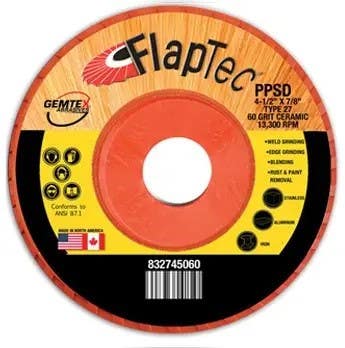 Gemtex Abrasives 8327 Flaptec Premium Ceramic Trimmable Plastic Standard Density Back Flap Disc, Type 27