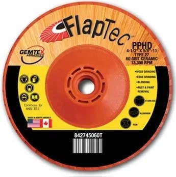Gemtex Abrasives 8427 Flaptec Premium Ceramic Trimmable Plastic High Density Back Flap Disc, Type 27