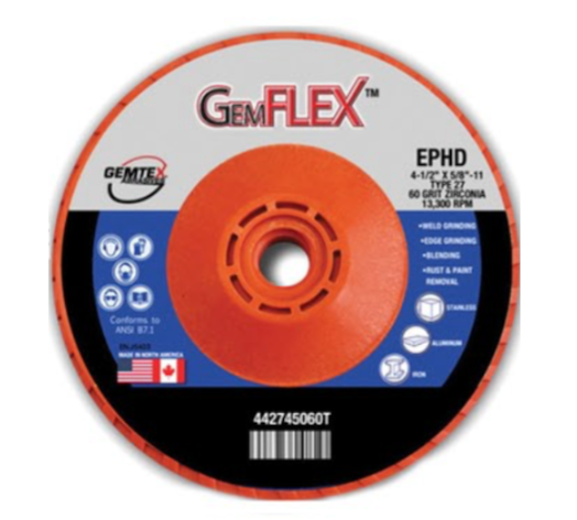 Gemtex Abrasives 4427 Gemflex General Purpose Zirconia Trimmable Plastic High Density Back Flap Disc, Type 27