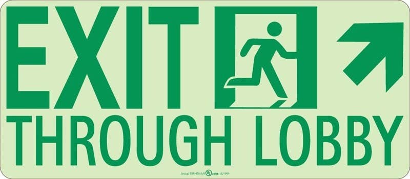 AccuformNMC MLNY Glow-In-The-Dark Safety Sign, Exit Through Lobby, 7" x 16"