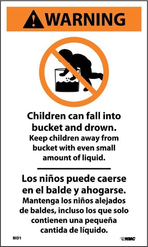 AccuformNMC LEQM303 Bilingual ANSI Warning Safety Label, Children Can Fall Into Bucket And Drown, Adhesive Dura-Vinyl, 7" H x 2-3/4" W