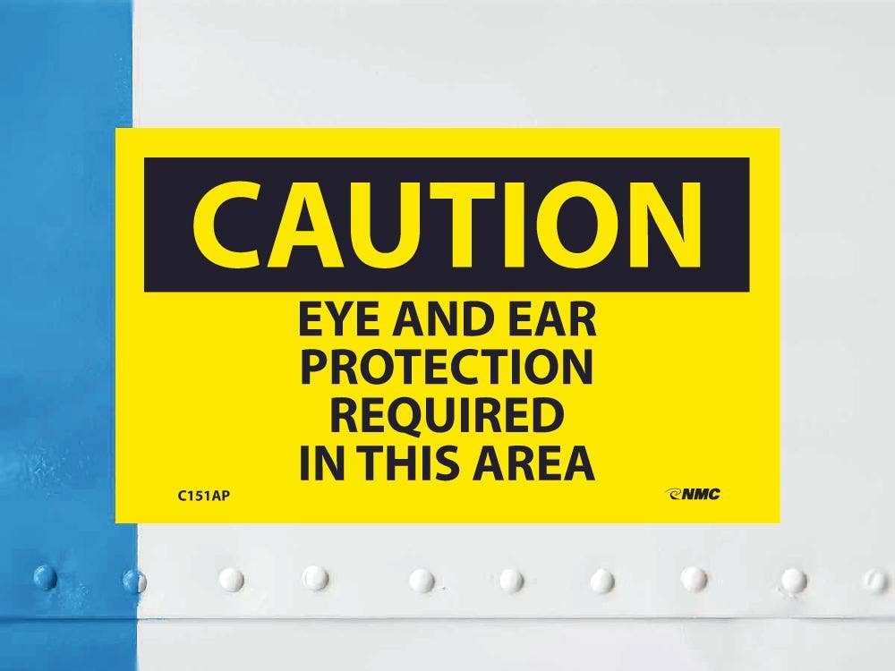 AccuformNMC C151AP Caution, Eye And Ear Protection Required Sign, PS Vinyl, 3" x 5", 5/Pk