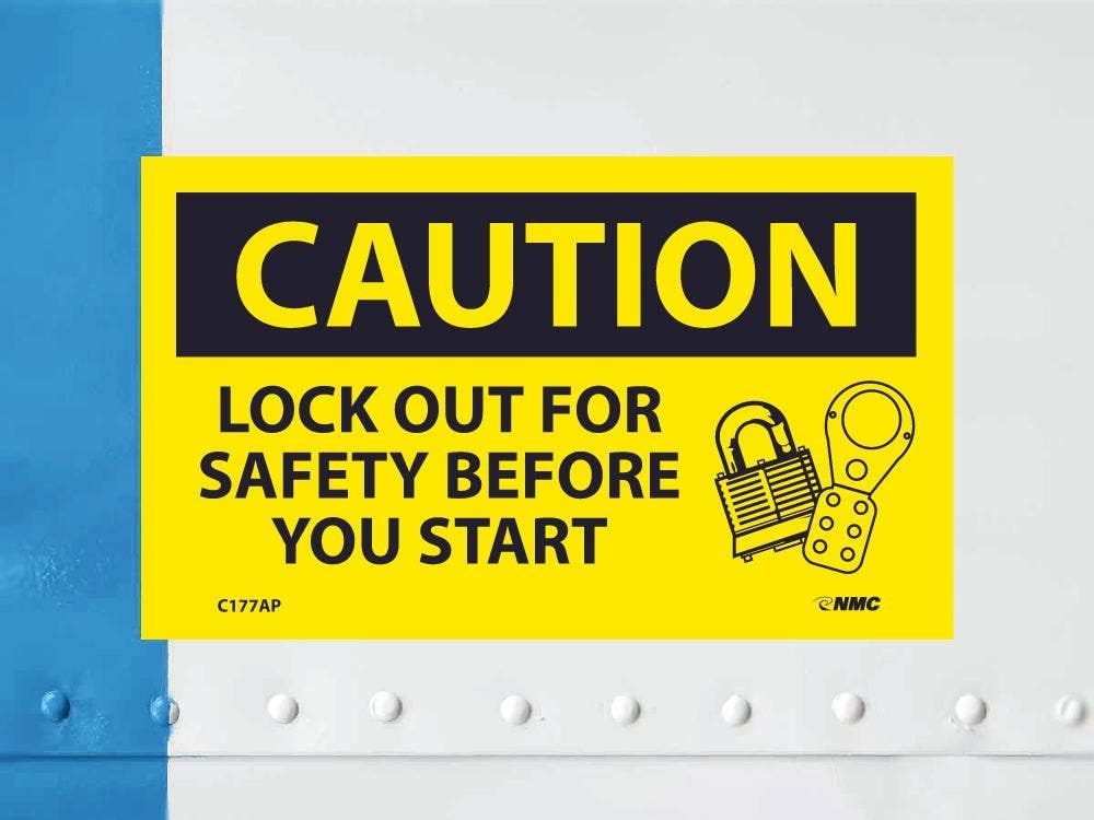 AccuformNMC C177AP Caution, Lock Out For Safety Before You Start Label, PS Vinyl, 3" x 5", 5/Pk