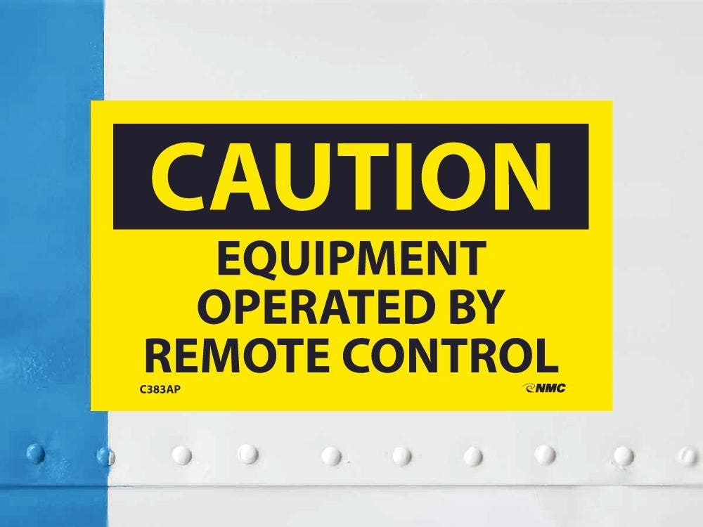 AccuformNMC C383AP Caution, Equipment Operated By Remote Control Label, PS Vinyl, 3" x 5", 5/Pk