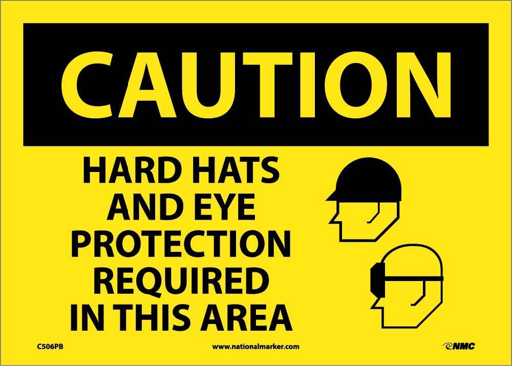 AccuformNMC MTDX692 OSHA Caution Safety Sign, Hard Hats And Eye Protection..., 10" x 14"