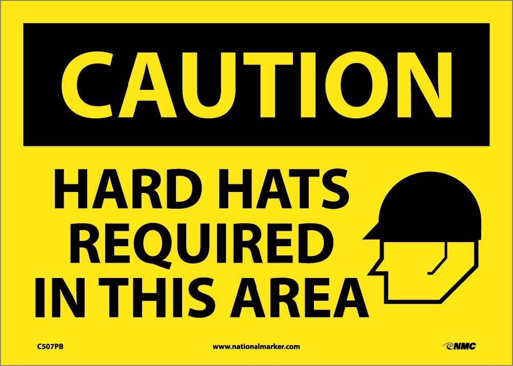AccuformNMC MPPE700 OSHA Caution Safety Sign, Hard Hats Required In This Area, 10" x 14"